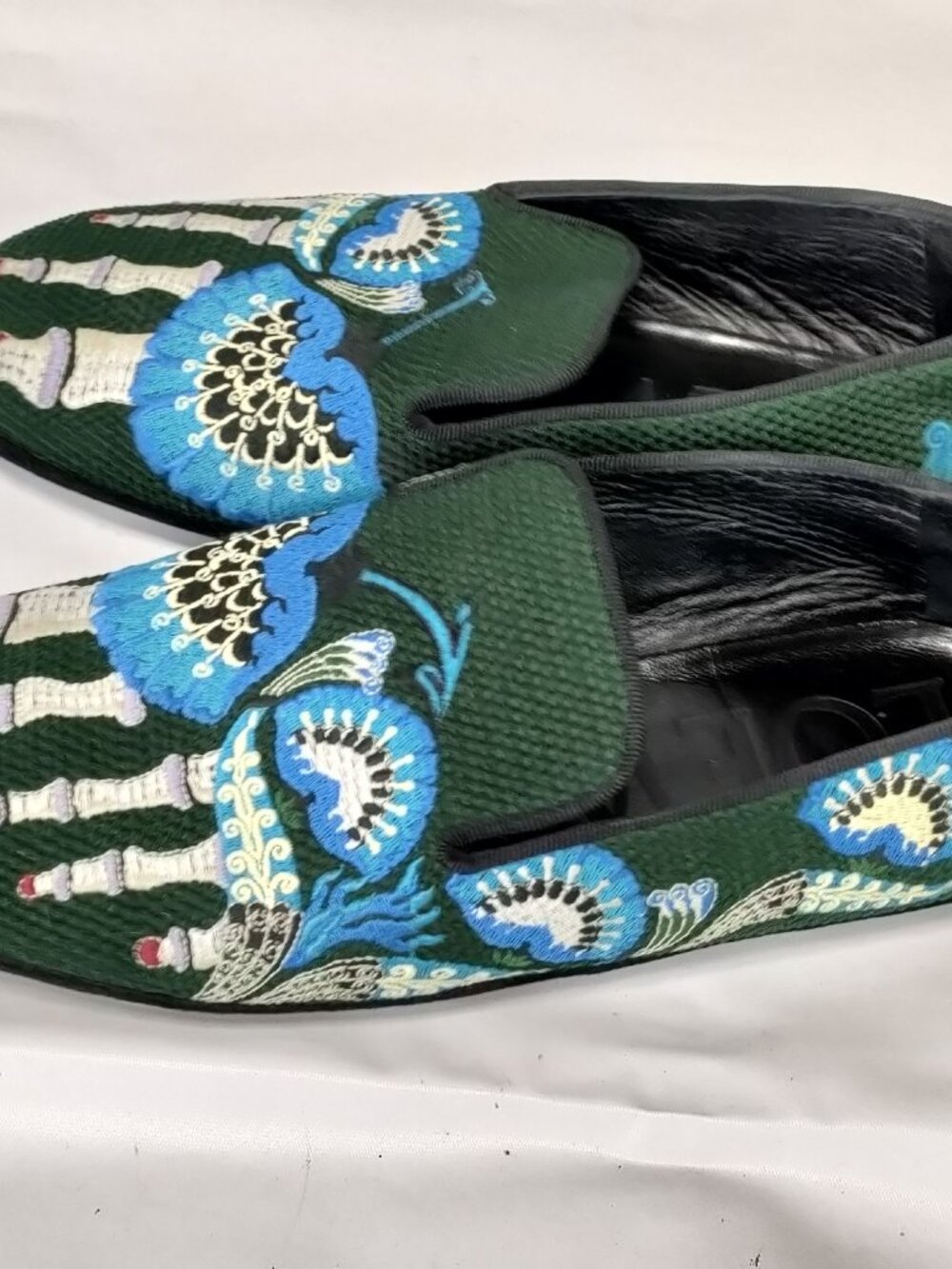 Loewe Embroidered Bone Crane Loafers Size 38 Green Velvet Luxury Flats - Picture 3 of 6